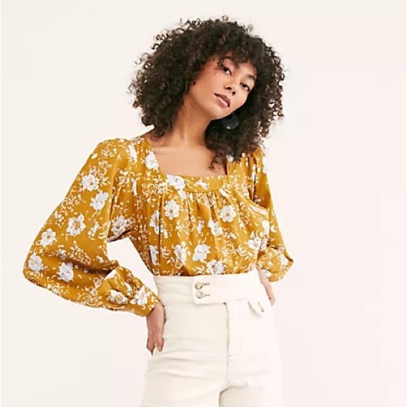Free People Mustard Floral tie back Women's Top - Picture 1 of 8